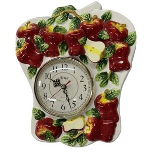 VTG KMC Wall Clock Red Apple Kitchen Decor Ceramic Fruit Theme 3D Relief Quartz